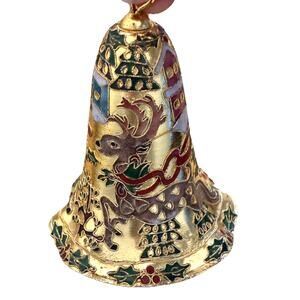 VTG Cloisonné Christmas Bell Ornament Gold Enamel Reindeer Holly Berries Decor